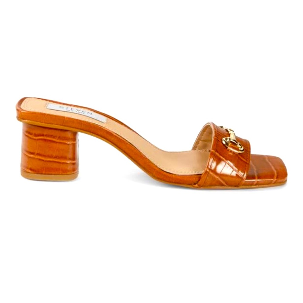 Layer Croc-Embossed Leather Sandals - Steven by Steve Madden, Size 5.5, Brown